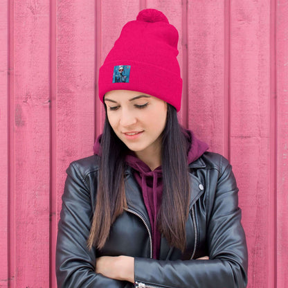 Woman wearing a red Bommelmütze with a leather jacket, styled for cold weather.