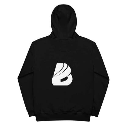 Hochwertiger Öko Kapuzenpullover N°14 aus Bio- und recycelten Materialien mit weißem Logo auf der Rückseite, Streetwear-Design