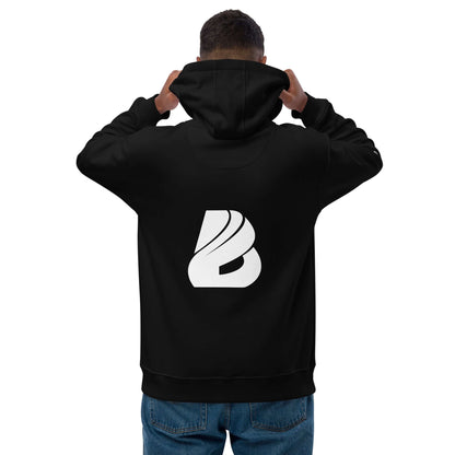 Person wearing Hochwertiger Öko Kapuzenpullover N°14 with logo on back, made from organic and recycled materials.