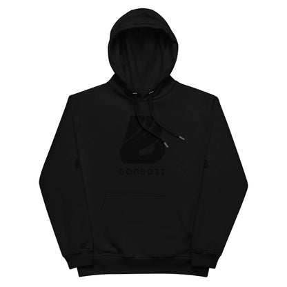 Hochwertiger Öko Kapuzenpullover N°13 in Schwarz mit Beuteltasche und doppellagiger Kapuze aus Bio- und recycelten Materialien.