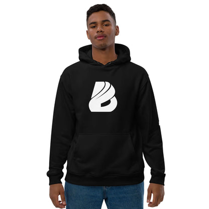 Man wearing Hochwertiger Öko Kapuzenpullover N°14, a black organic cotton hoodie with kangaroo pocket and hood, white logo on front.