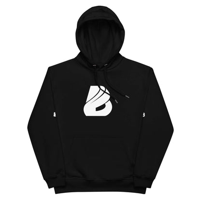Hochwertiger Öko Kapuzenpullover N°14 aus Bio- und recyceltem Material mit Beuteltasche und doppellagiger Kapuze, schwarze Streetwear