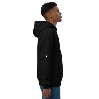Hochwertiger Öko Kapuzenpullover N°14 aus Bio-Baumwolle mit doppellagiger Kapuze und Beuteltasche, seitliche Ansicht.
