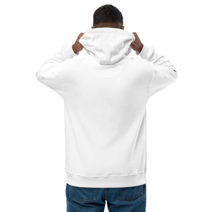 Hochwertiger Öko Kapuzenpullover N°13 in Weiß aus Bio-Baumwolle, Rückansicht mit Kapuze, nachhaltige Streetwear Mode