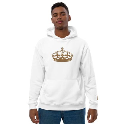 Person wearing a white Hochwertiger Öko Kapuzenpullover N°10 with gold crown print, featuring front pocket and double-layered hood.