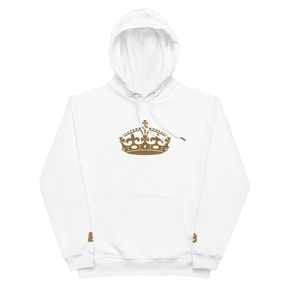 Hochwertiger Öko Kapuzenpullover N°10 in Weiß mit goldener Krone-Design, aus Bio-Baumwolle und recyceltem Polyester, Streetwear-Stil