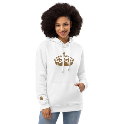 Woman wearing Hochwertiger Öko Kapuzenpullover N°10 with crown design, comfortable fit, bio-cotton and recycled materials