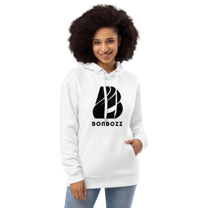 Person wearing Hochwertiger Öko Kapuzenpullover N°13 with logo, sustainable fashion.