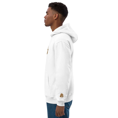 Person wearing Hochwertiger Öko Kapuzenpullover N°10 in white, side view showcasing bio and recycled materials, streetwear design.