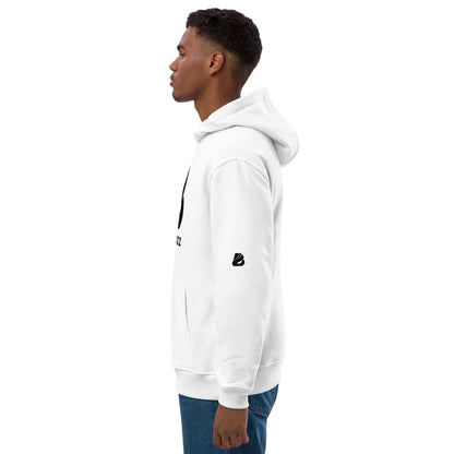 Model wearing Hochwertiger Öko Kapuzenpullover N°13 in white, showcasing side view with front pocket and double-layered hood.