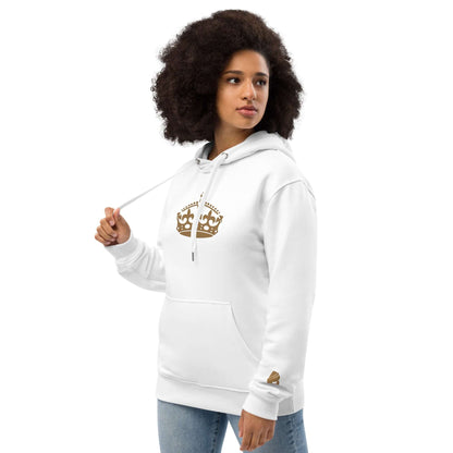 Hochwertiger Öko Kapuzenpullover N°10 aus Bio-Baumwolle und recyceltem Polyester, weiße Farbe, Vorderseite mit Beuteltasche und Krönungsgrafik.