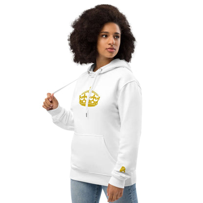 Woman wearing Hochwertiger Öko Kapuzenpullover N°11 made from organic cotton, featuring front pocket and double-layered hood in white.