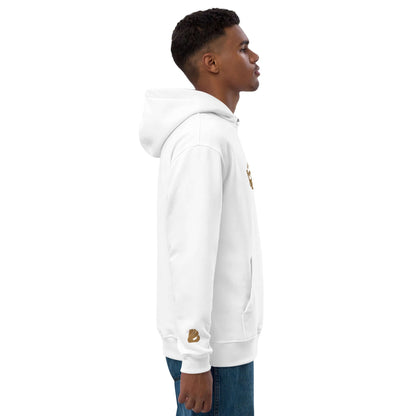 Side view of man wearing white Hochwertiger Öko Kapuzenpullover N°10 with pocket and hood showing sustainable fashion.