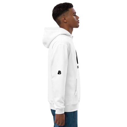 Side view of model wearing Hochwertiger Öko Kapuzenpullover N°13 with front pocket and double-layered hood in white.