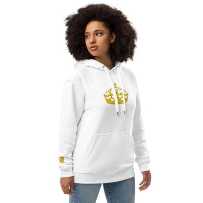 Model wearing Hochwertiger Öko Kapuzenpullover N°11 in white with gold crown design, featuring a front pocket and double-layered hood.