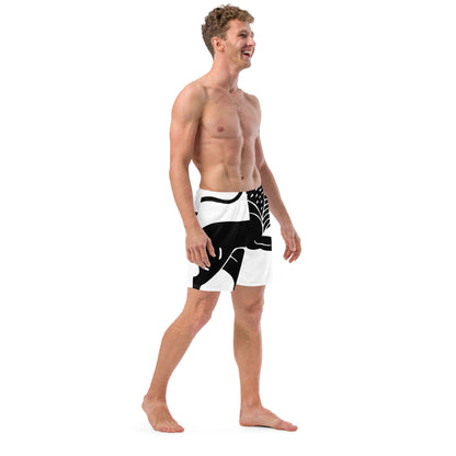Man wearing Recycelte Schwimmshorts, quick-dry and breathable with multiple pockets, black and white design.