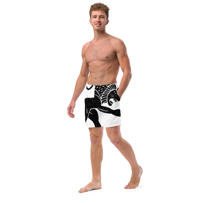 Model wearing Recycelte Schwimmshorts in black and white design, showcasing quick-dry, breathable fabric with multi-pocket features.
