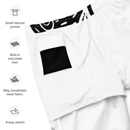 Close-up of white Recycelte Schwimmshorts highlighting pocket, silky liner, breathable fabric, and 4-way stretch features.