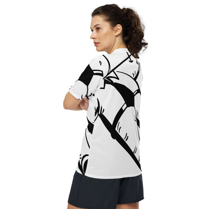 Side view of a model wearing a Recyceltes Unisex-Trikot mit Allover-Druck with a bold black and white pattern.