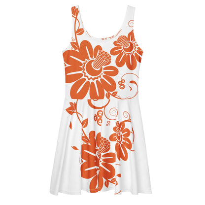 Ärmelloses weißes Skater-Kleid mit orangenem Blumenmuster, eleganter ausgestellter Rock und elastische Taille.