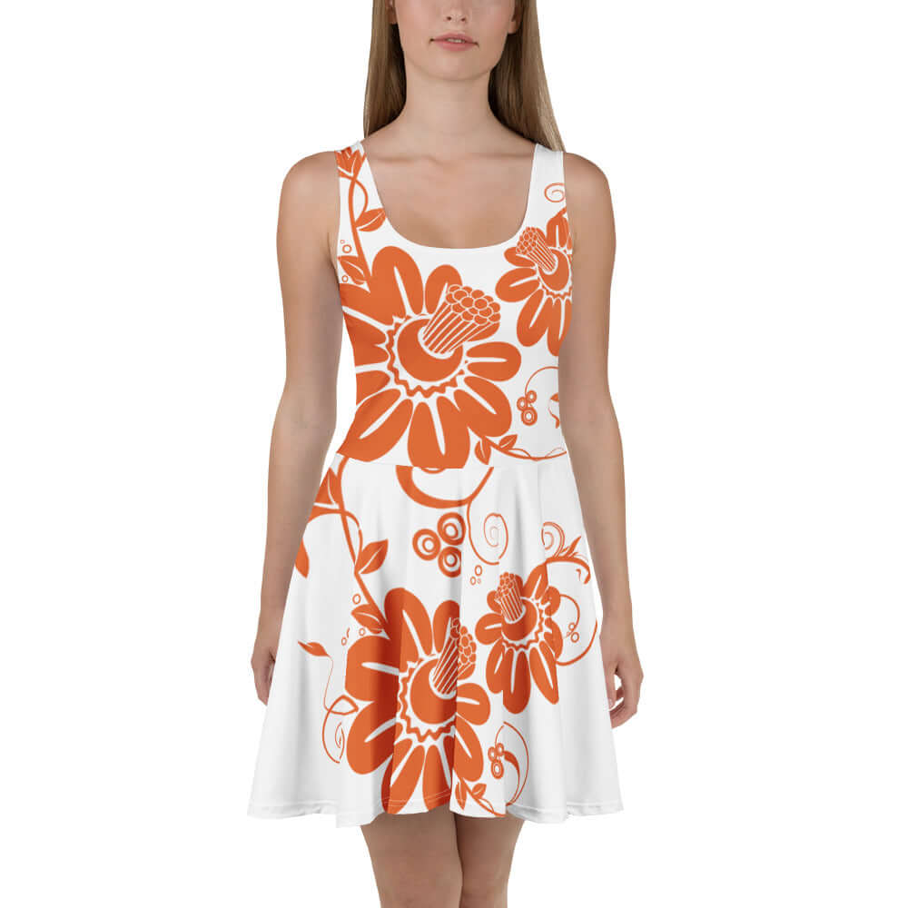 Ärmelloses Skater-Kleid mit floralen Mustern in Orange und Weiß, elegant und bequem, perfektes Sommer-Outfit.