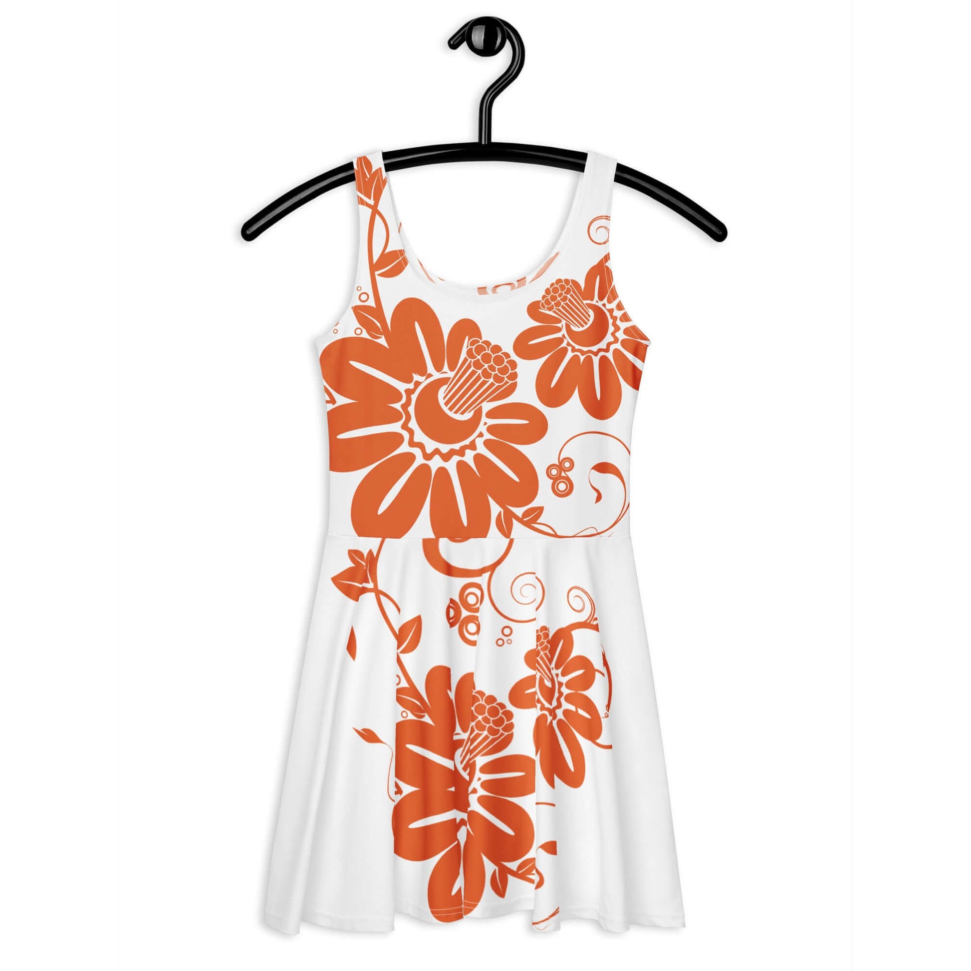 Ärmelloses Skater-Kleid mit orangefarbenem Blumenmuster auf weißem Hintergrund, elastischer Taille und ausgestelltem Rock.