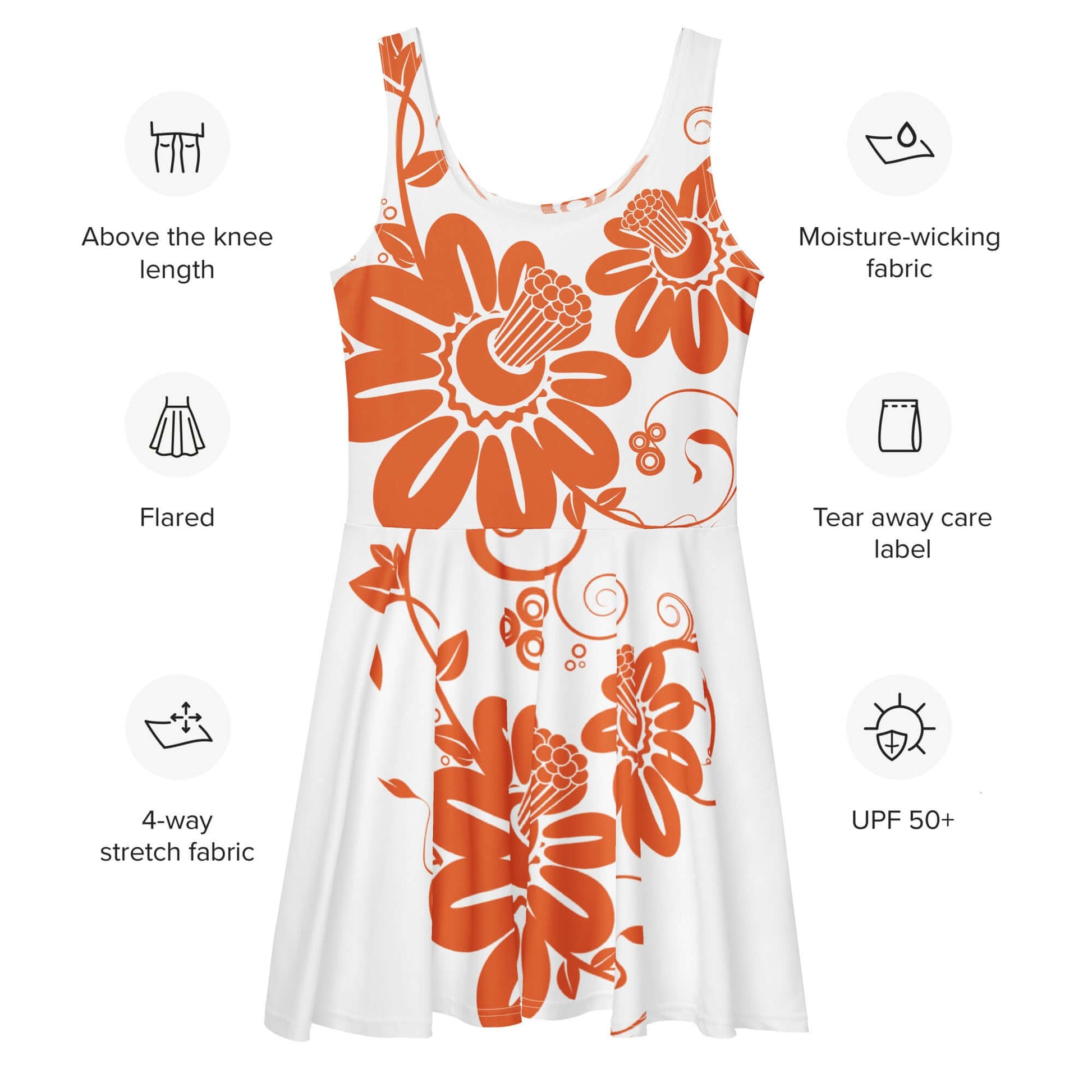 Skater-Kleid in Weiß mit orangefarbenem Blumendesign, ideal für Sommer, UPF 50+, 4-Wege-Stretchstoff.