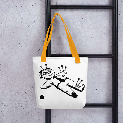 Stoffbeutel with unique graphic design and orange handles hanging on a ladder, made from 100% polyester, 39x39cm size.