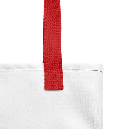 Close-up of white Stoffbeutel with red cotton handle, made from 100% polyester, perfect for carrying essentials.