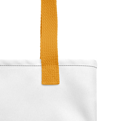 Close-up of white Stoffbeutel with orange handle, made of durable polyester. Ideal for carrying essentials, stylish and practical design.