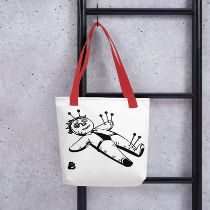 Stoffbeutel with playful abstract design, red handles on a grey background; perfect for fashion and practicality.