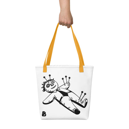 Stoffbeutel with playful voodoo doll design and yellow handles, perfect for daily essentials. Durable and stylish 100% polyester bag.