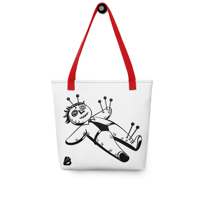 Stoffbeutel with voodoo doll print and red handles, roomy and trendy design, made of 100% polyester, size 39x39 cm.