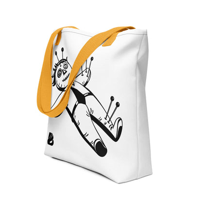 Stoffbeutel with voodoo doll design, yellow handles, made from 100% polyester, 39x39 cm, holds 10L, max weight 20 kg.