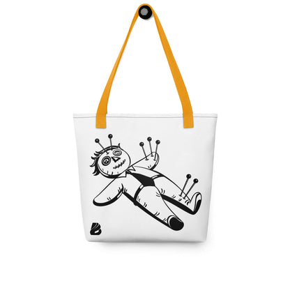 Stoffbeutel with black graphic design, orange handles, spacious 39x39 cm, trendy polyester, holds up to 10 liters, max load 20 kg.