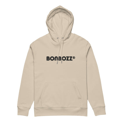 Unisex Bio-Hoodie in beige with logo, made from organic cotton and recycled polyester, featuring kangaroo pocket and double-layered hood.