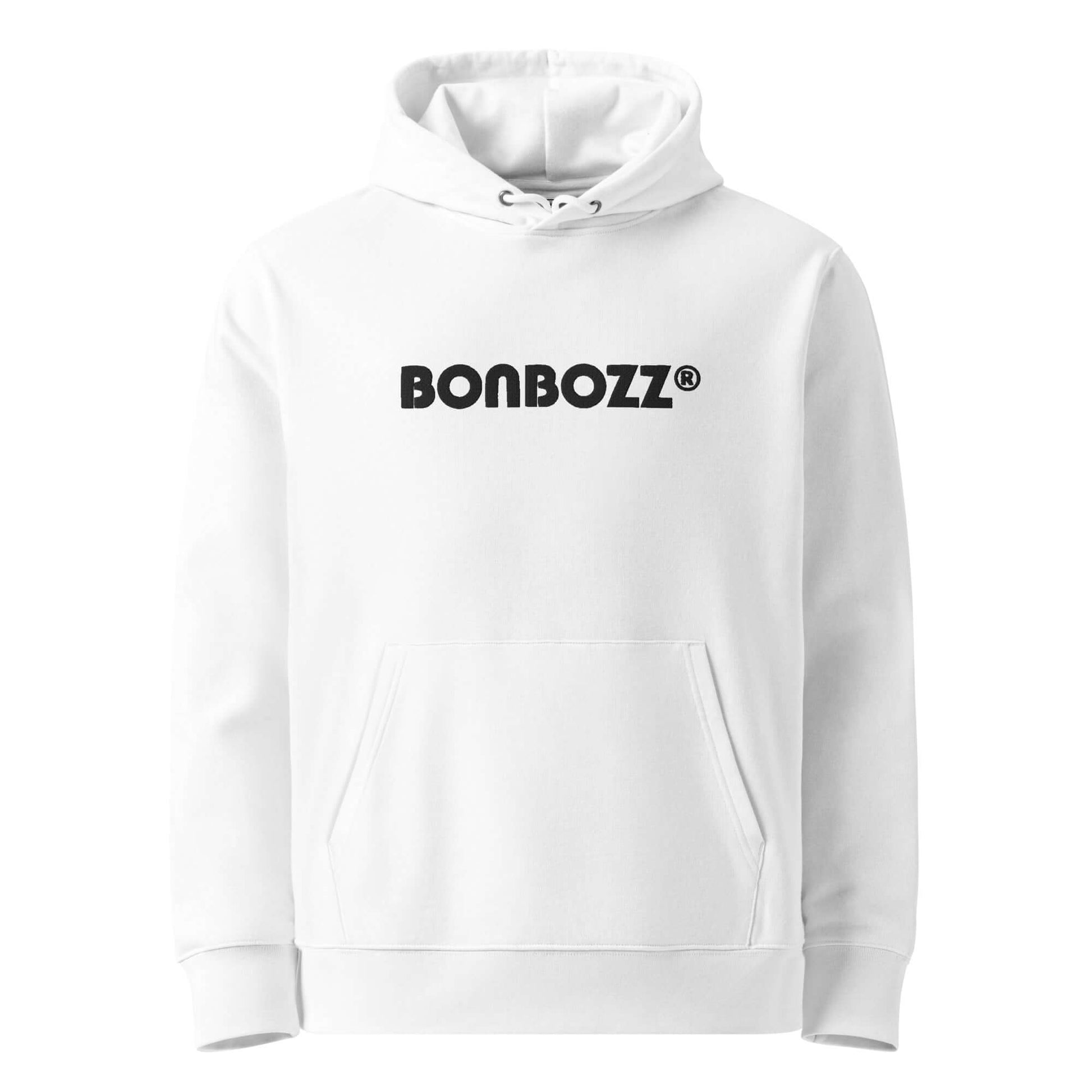Unisex Bio-Hoodie in white with BONBOZZ logo, made from eco-friendly materials for comfort and style.