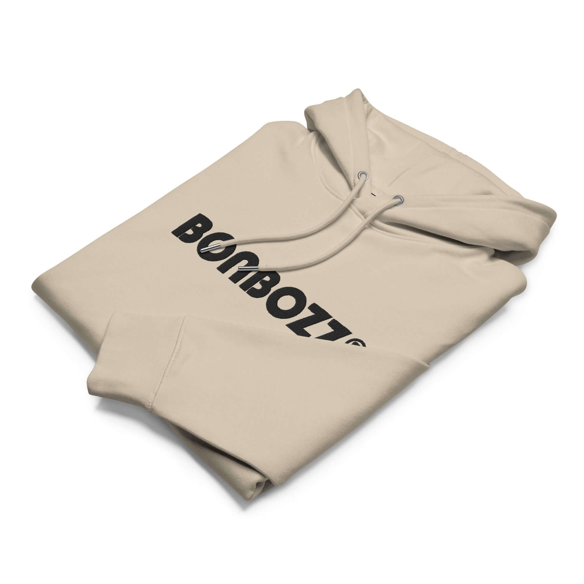 Unisex Bio-Hoodie in beige, featuring bold black logo, perfect for comfort and streetwear style.