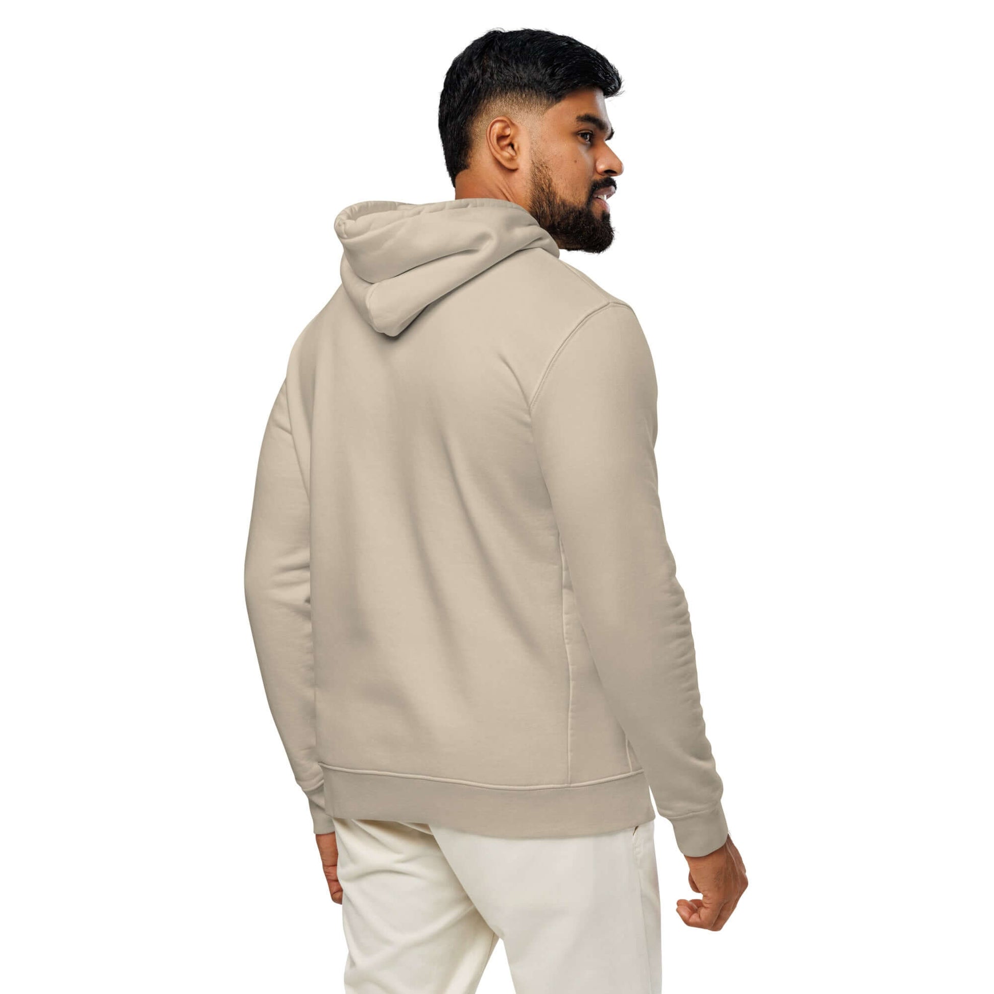 Unisex Bio-Hoodie in beige, showcasing eco-friendly materials, regular fit, and stylish streetwear design from the back.