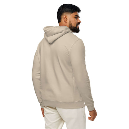 Side view of a person wearing a beige Unisex Bio-Hoodie made from organic cotton and recycled polyester, illustrating comfort and style.