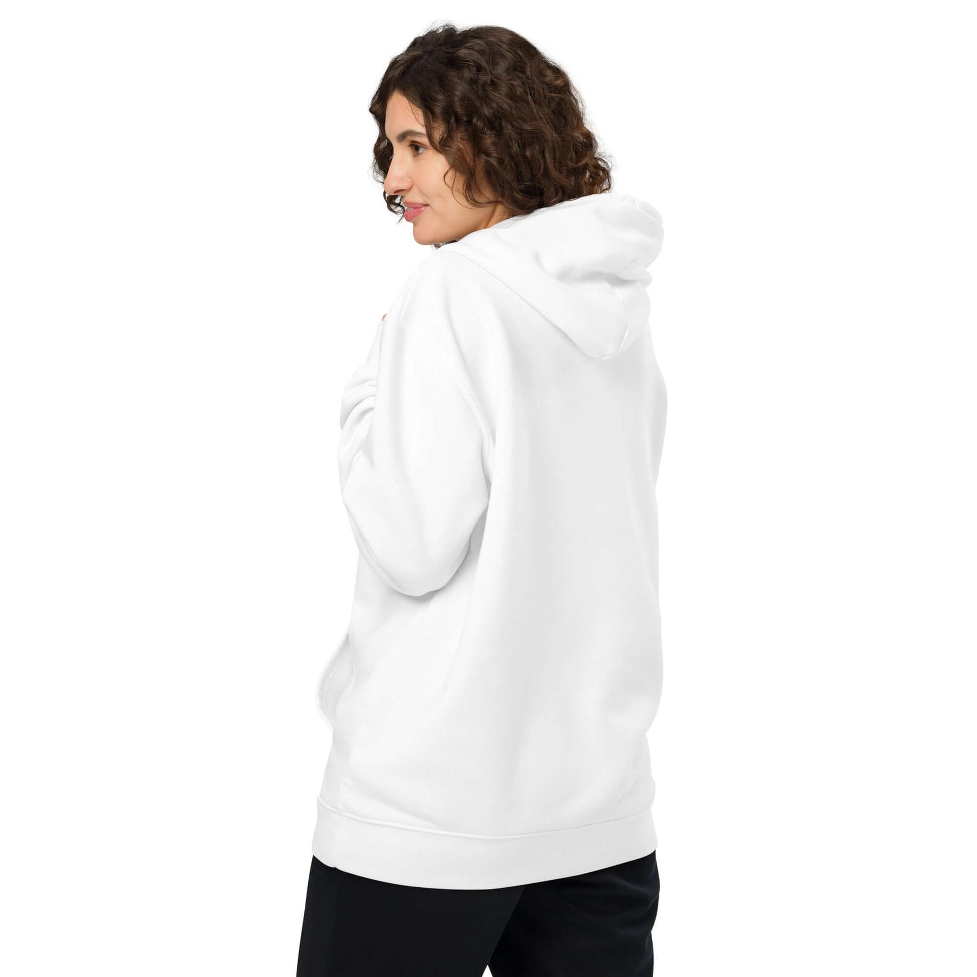 Unisex Bio-Hoodie in white, featuring a relaxed fit and double-layer hood on a model from the back.