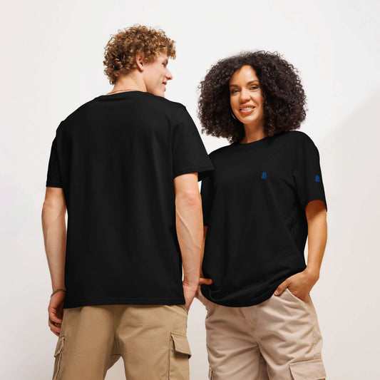 Unisex black bio cotton T-shirt with ribbed collar, shown on man and woman from the back and front.