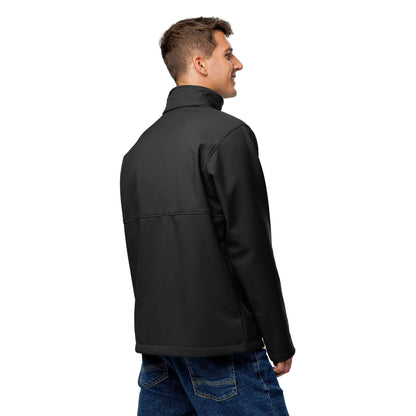 Man wearing Weiche Columbia Softshell-Jacke N°1, showcasing back view with wind- and water-resistant features.