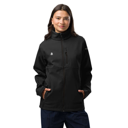 Weiche Columbia Softshell-Jacke N°1 in Schwarz, geeignet für Outdoor-Abenteuer, wind- und wasserabweisend, mit Reißverschlusstaschen.