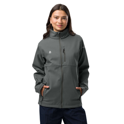 Weiche Columbia Softshell-Jacke N°1 in Grau mit Reißverschlusstaschen, modellierte Passform, wind- und wasserabweisend.