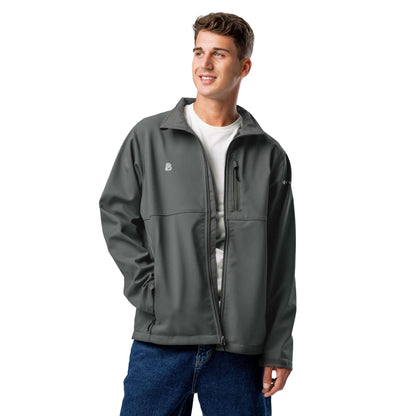 Weiche Columbia Softshell-Jacke N°1 in grau, für Outdoor-Abenteuer, wind- und wasserabweisend, mit Reißverschlusstaschen.