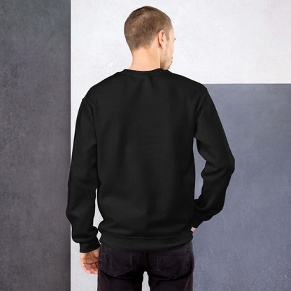 Man wearing black Unisex-Pullover sweatshirt, showing back view with classic fit and ribbed collar.