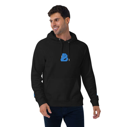 Man wearing Unisex Bio-Raglan-Hoodie N°3 in black, featuring a stylish front logo, perfect for casual or dressed-up outfits.