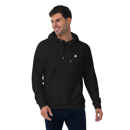 Model wearing Unisex Bio-Raglan-Hoodie N°4 in black, demonstrating comfortable and versatile fashion.