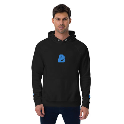 Unisex Bio-Raglan-Hoodie N°3 in black with blue logo, modeled by a person, showcasing style and comfort.
